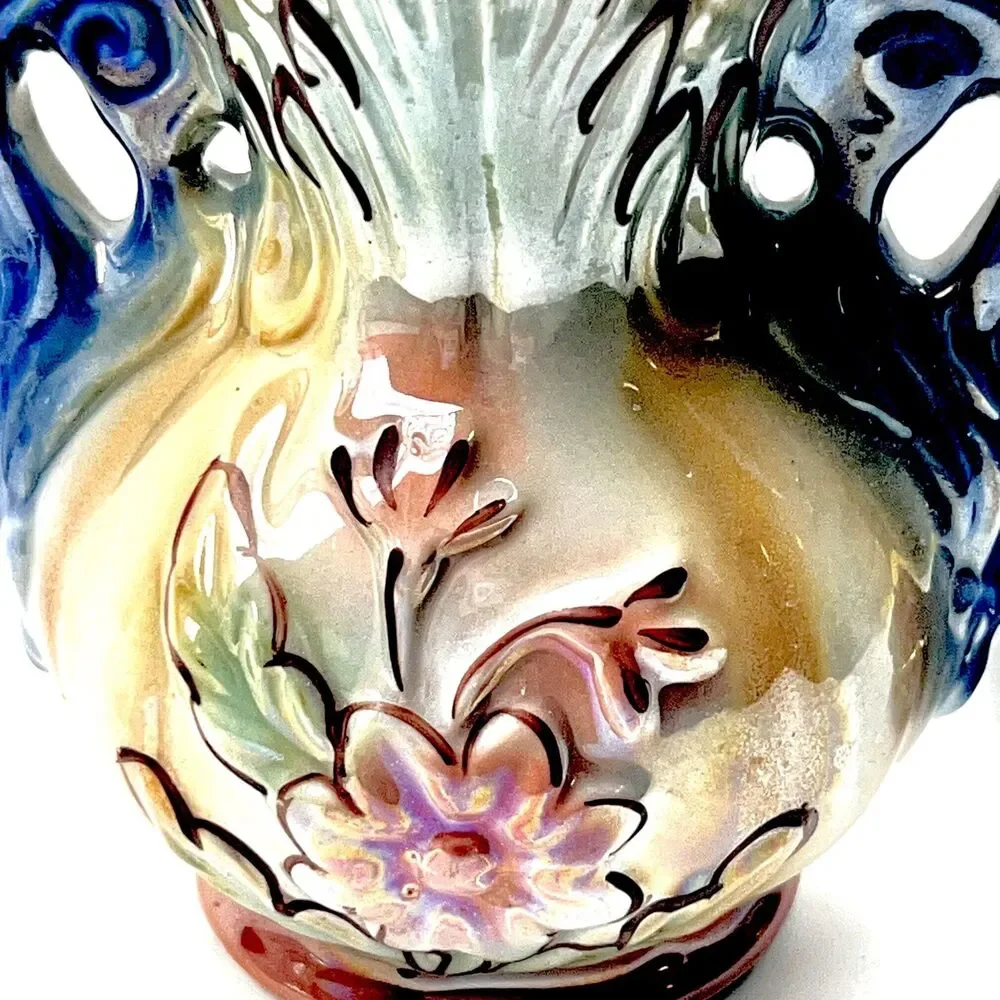 Vintage Iridescent Ceramic Flower Vase RARE w/Base/Plate - Hand-Painted #422